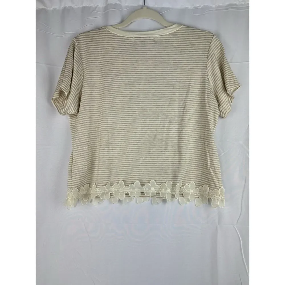 Living Doll Y2K 90s Short Sleeve‎ Floral Detail Striped Top Tee Shirt Large - Picture 8 of 10